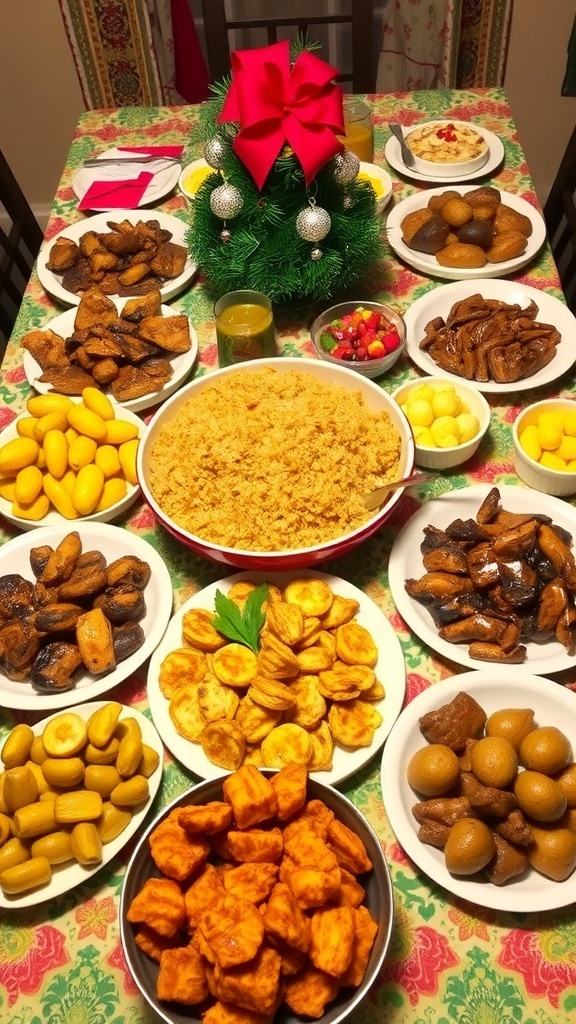 A traditional Nigerian Christmas dinner with Jollof rice, fried plantains, peppered goat meat, chin chin, and puff-puff on a decorated table.